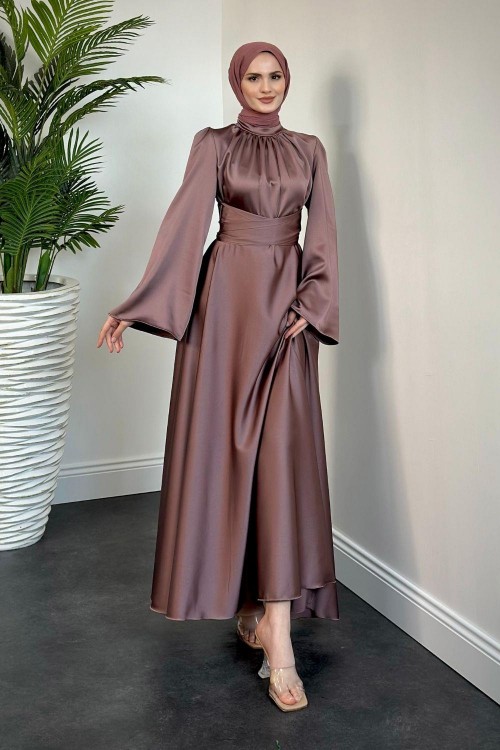 Violet İspanyol Kol Belden Bağlama Saten Elbise Rose