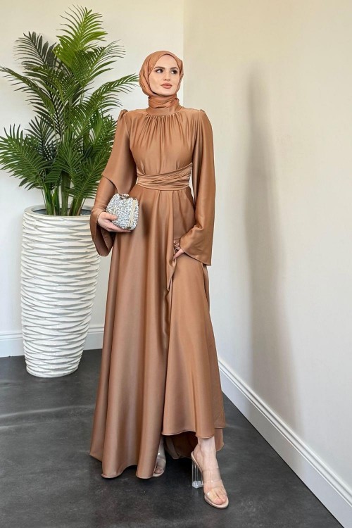 Violet İspanyol Kol Belden Bağlama Saten Elbise Cappucino