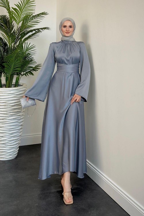 Violet İspanyol Kol Belden Bağlama Saten Elbise Gri