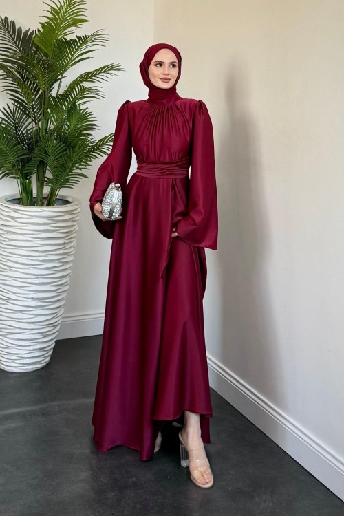 Violet İspanyol Kol Belden Bağlama Saten Elbise Mürdüm