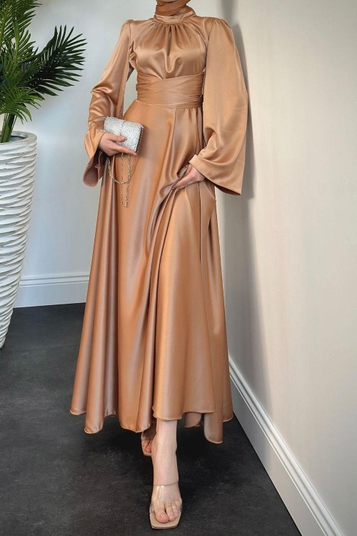 Violet İspanyol Kol Belden Bağlama Saten Elbise Gold