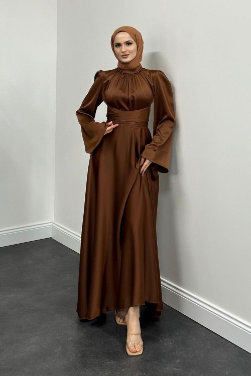 Violet İspanyol Kol Belden Bağlama Saten Elbise Taba