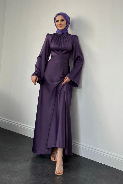 Violet İspanyol Kol Belden Bağlama Saten Elbise Mor