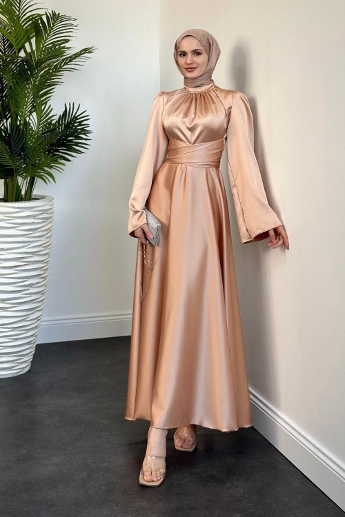 Violet İspanyol Kol Belden Bağlama Saten Elbise Dore