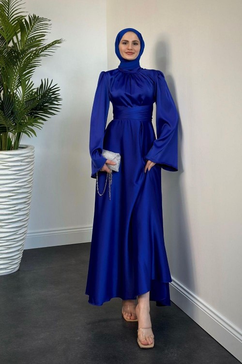 Violet İspanyol Kol Belden Bağlama Saten Elbise Parlament