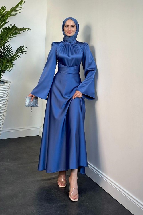 Violet İspanyol Kol Belden Bağlama Saten Elbise Mavi