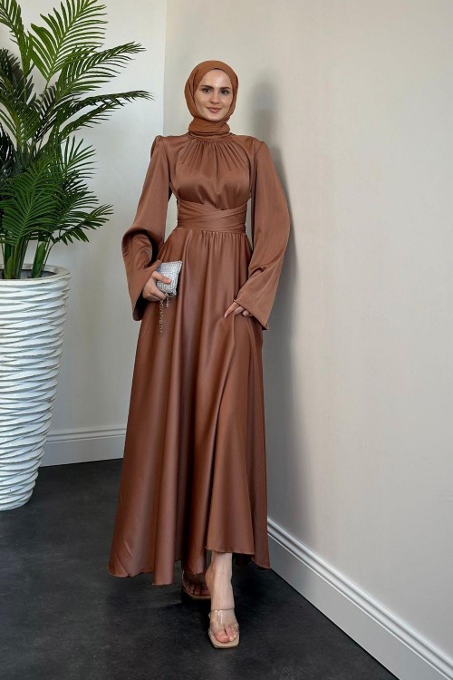 Violet İspanyol Kol Belden Bağlama Saten Elbise Soğan Kabuğu