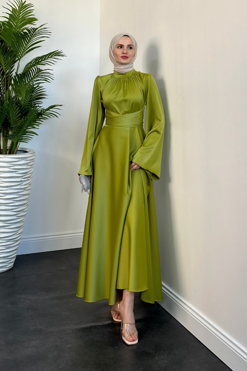 Violet İspanyol Kol Belden Bağlama Saten Elbise Oil