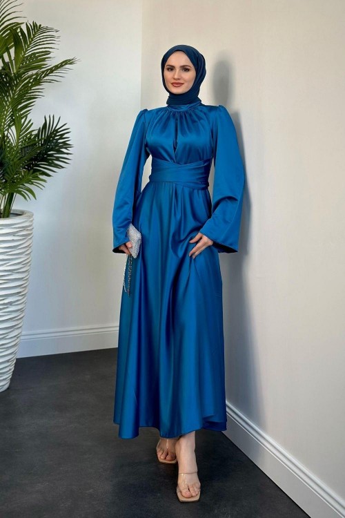 Violet İspanyol Kol Belden Bağlama Saten Elbise Turkuaz