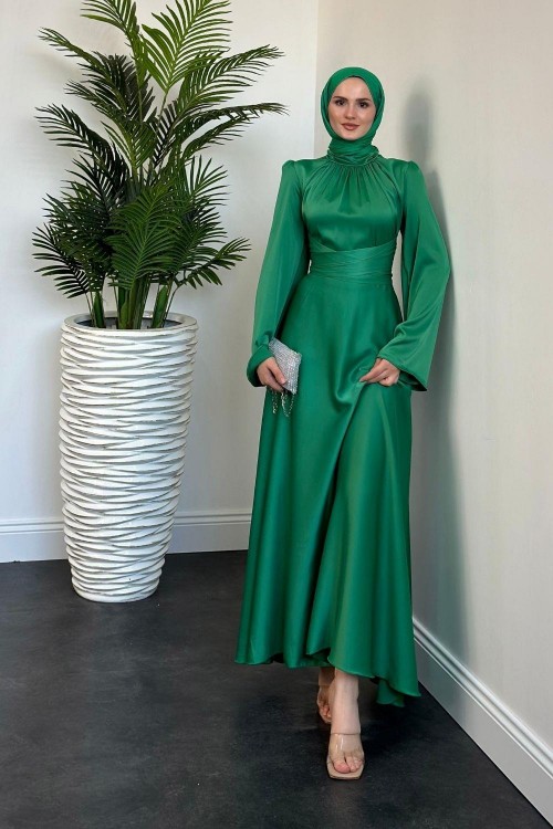 Violet İspanyol Kol Belden Bağlama Saten Elbise Çimen Yeşili