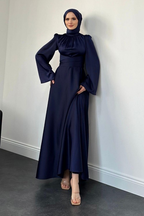 Violet İspanyol Kol Belden Bağlama Saten Elbise Lacivert