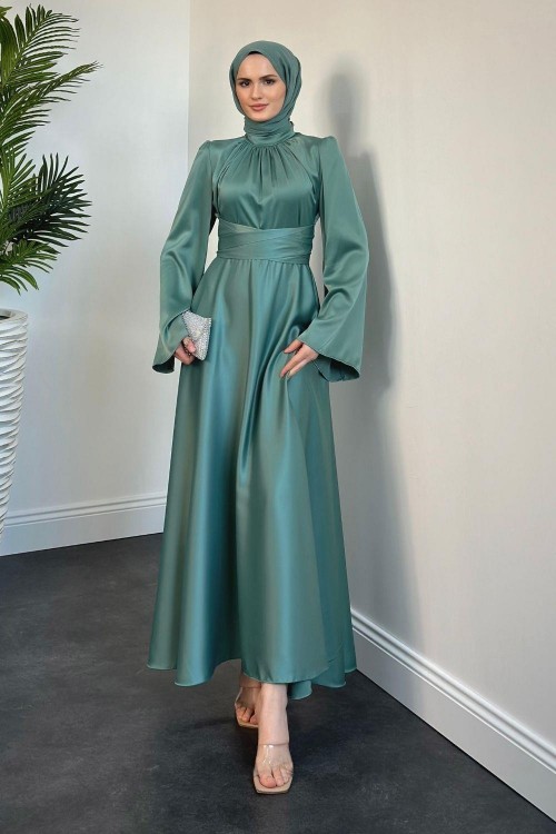 Violet İspanyol Kol Belden Bağlama Saten Elbise Su Yeşili