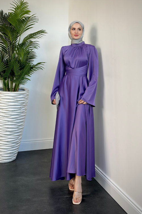 Violet İspanyol Kol Belden Bağlama Saten Elbise Lila