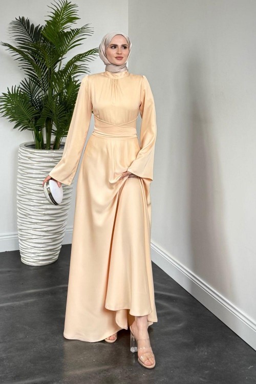 Violet İspanyol Kol Belden Bağlama Saten Elbise Kavun İçi