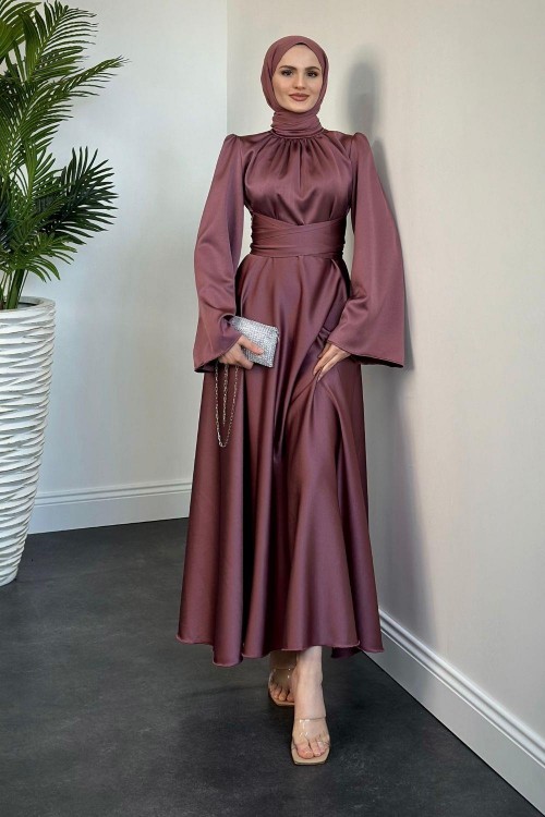 Violet İspanyol Kol Belden Bağlama Saten Elbise Gül Kurusu