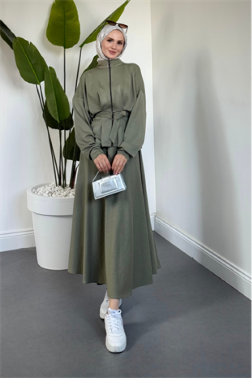 Vion Bel Patlı Pileli Etek Takım Haki