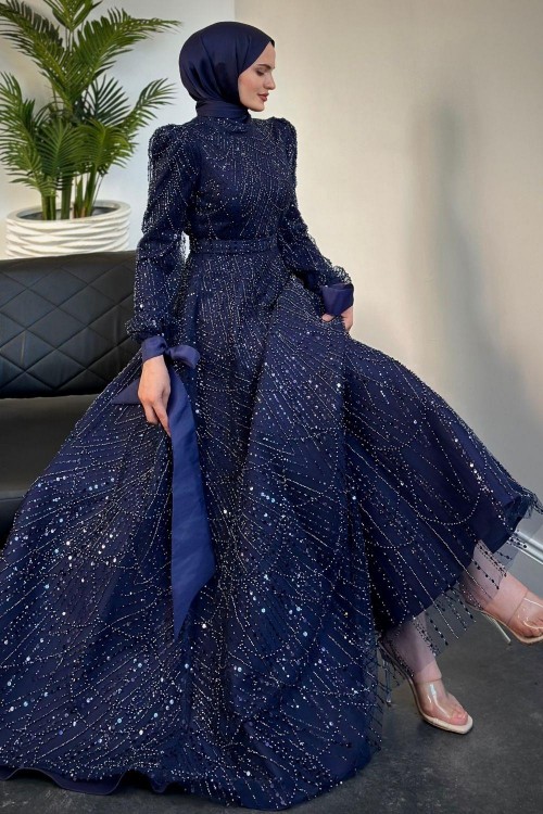 Vittoria Kolu Fiyonk Boncuk İşlemeli Abiye Lacivert