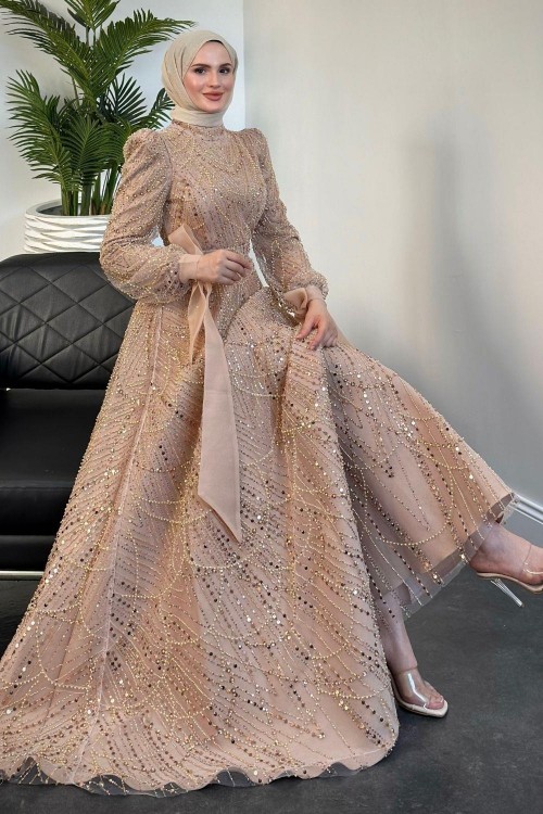 Vittoria Kolu Fiyonk Boncuk İşlemeli Abiye Vizon