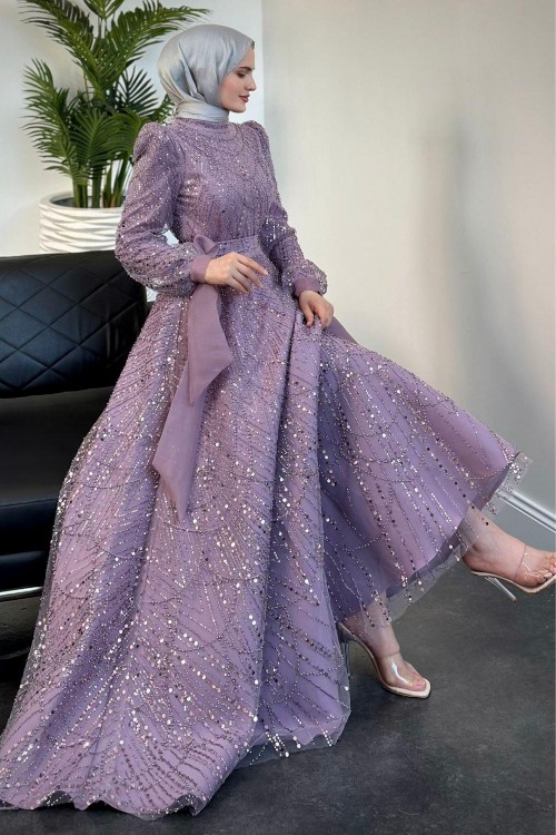 Vittoria Kolu Fiyonk Boncuk İşlemeli Abiye Lila(KEMERSİZDİR)