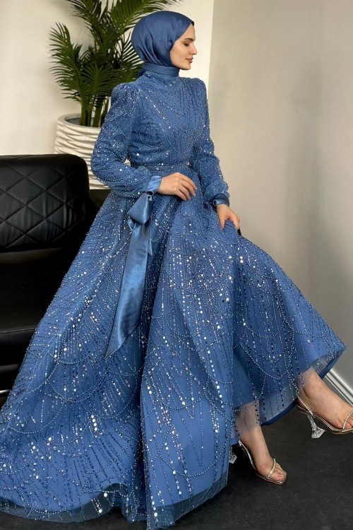Vittoria Kolu Fiyonk Boncuk İşlemeli Abiye İndigo