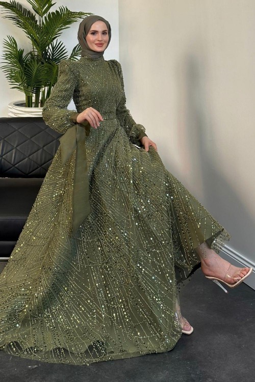 Vittoria Kolu Fiyonk Boncuk İşlemeli Abiye Haki