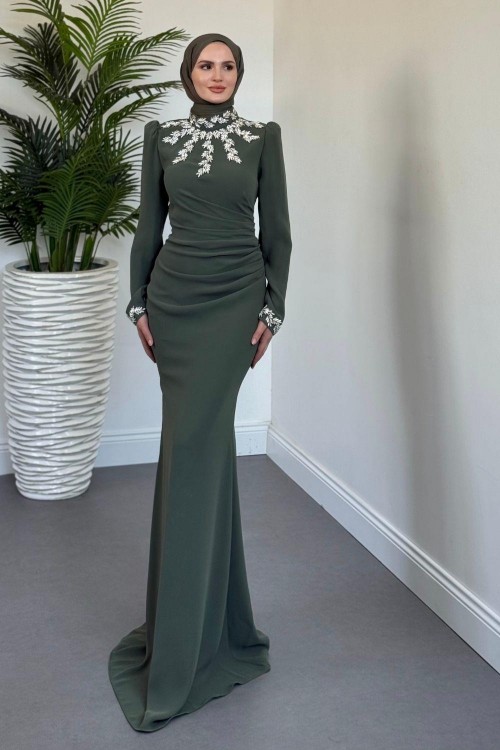 Viyola Kolu Ve Boynu Taşlı Abiye Haki