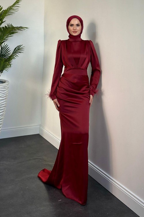 Vladya Kuyruklu Saten Balık Abiye Bordo