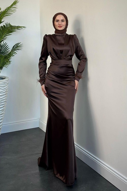 Vladya Kuyruklu Saten Balık Abiye Kahverengi