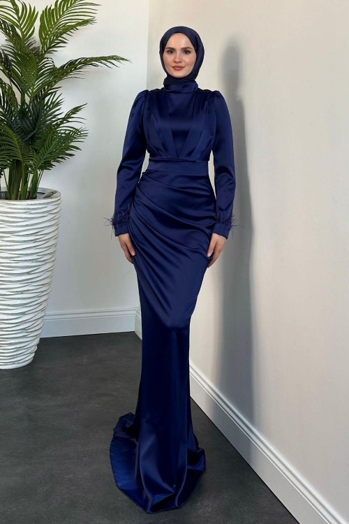 Vladya Kuyruklu Saten Balık Abiye Lacivert
