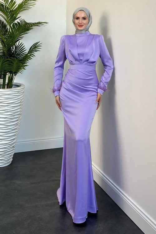 Vladya Kuyruklu Saten Balık Abiye Lila