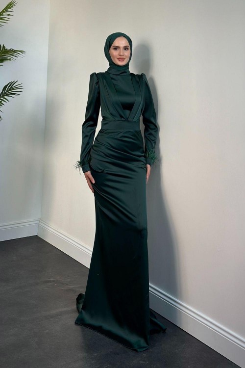 Vladya Kuyruklu Saten Balık Abiye Zümrüt