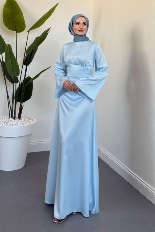 Vlasi Kolu Ve Beli Baget Taşlı Saten Abiye Bebe Mavisi