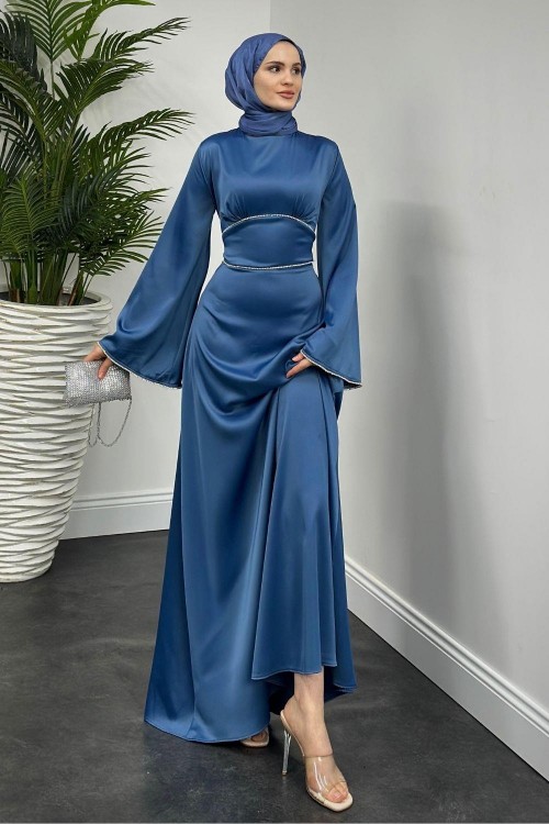 Vlasi Kolu Ve Beli Baget Taşlı Saten Abiye İndigo