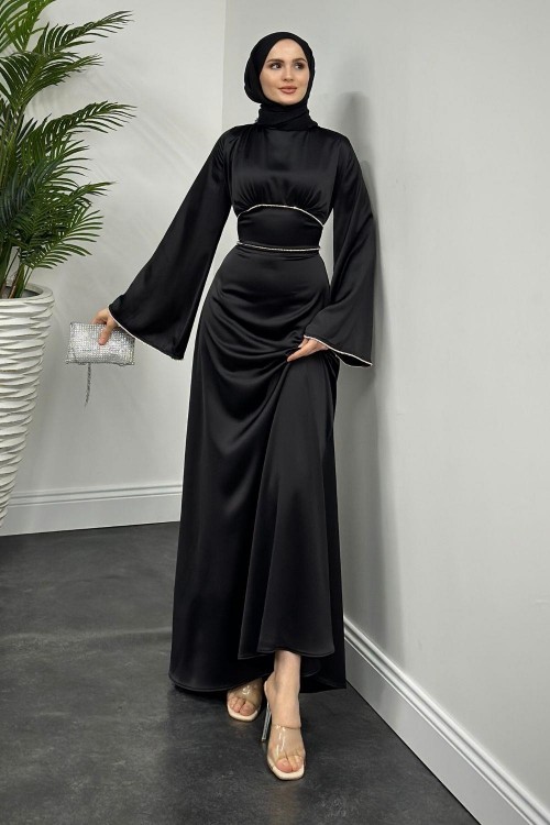 Vlasi Kolu Ve Beli Baget Taşlı Saten Abiye Siyah