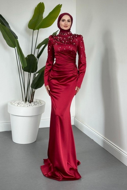 Wanda Saten Taşlı Balık Abiye Bordo