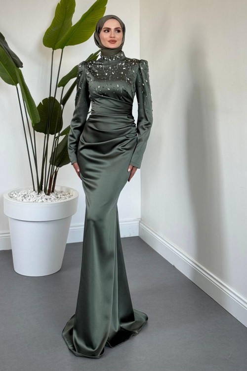 Wanda Saten Taşlı Balık Abiye Haki