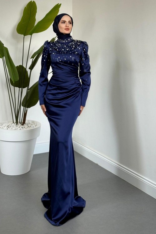 Wanda Saten Taşlı Balık Abiye Lacivert