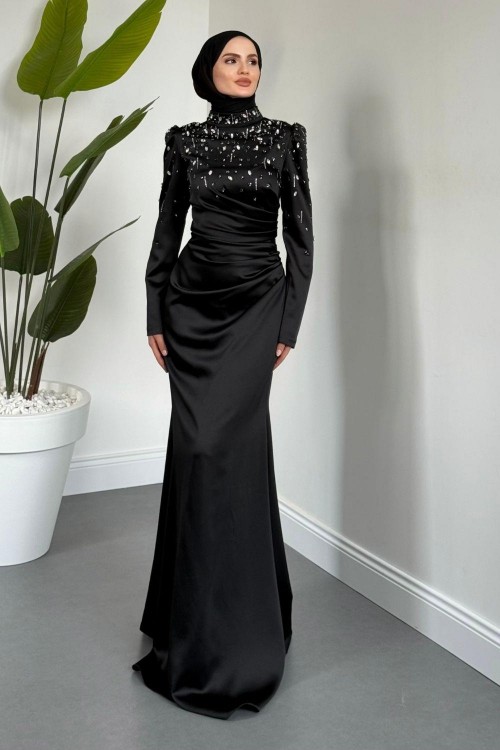 Wanda Saten Taşlı Balık Abiye Siyah