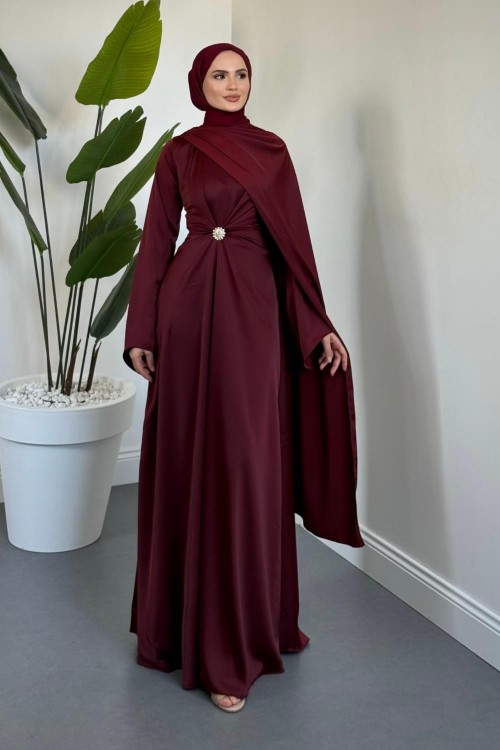 Wave Broşlu Pelerinli Saten Abiye Bordo