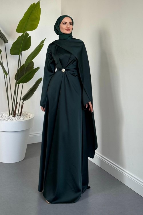 Wave Broşlu Pelerinli Saten Abiye Petrol Yeşili