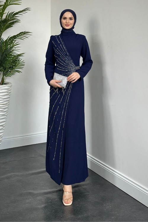 Waylon Önü Taşlı Abiye Lacivert