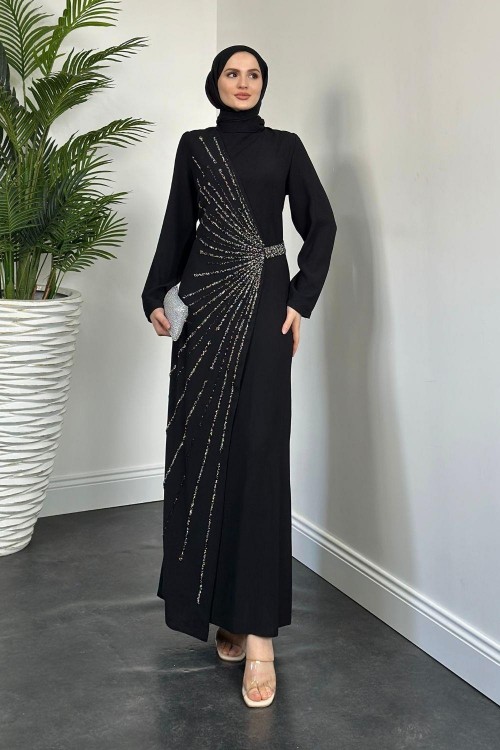 Waylon Önü Taşlı Abiye Siyah