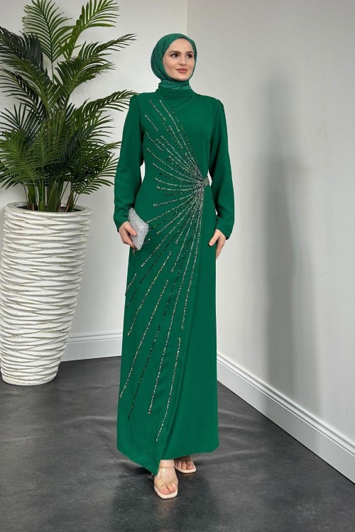 Waylon Önü Taşlı Abiye Yeşil