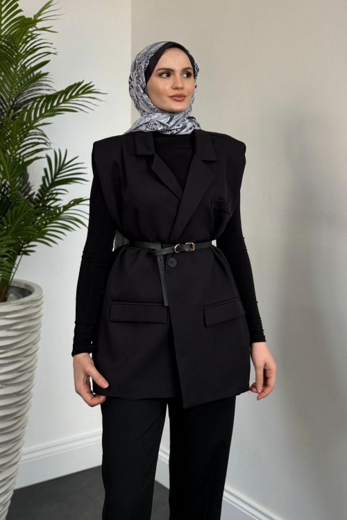 Willa Kemerli Vatkalı Yelek Siyah