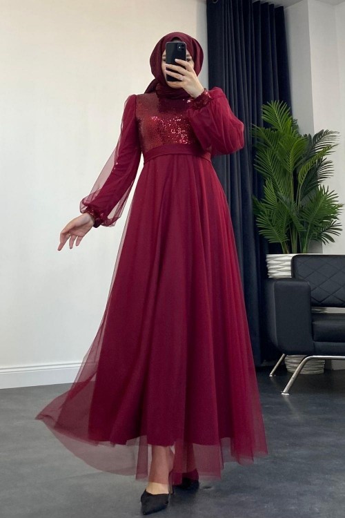 Yakamoz Tül Payet Abiye Bordo