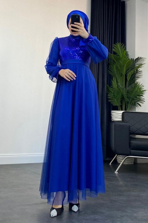 Yakamoz Tül Payet Abiye Saks