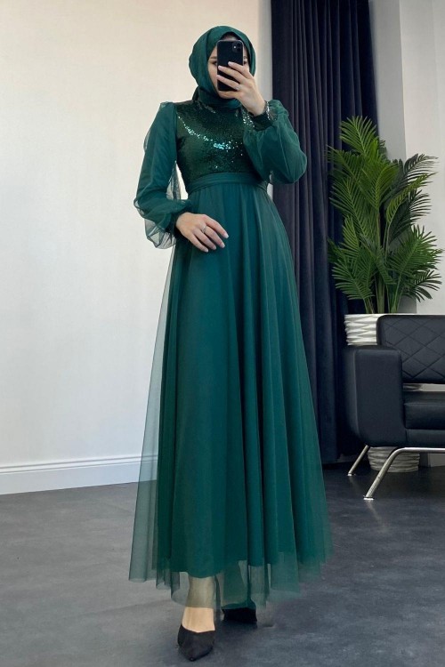 Yakamoz Tül Payet Abiye Zümrüt