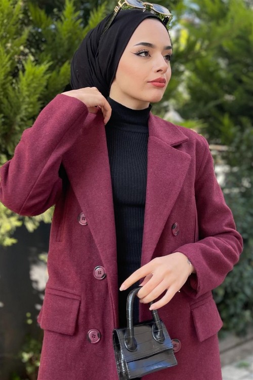 Yan Cepli Astarlı Kaşe Kaban Bordo