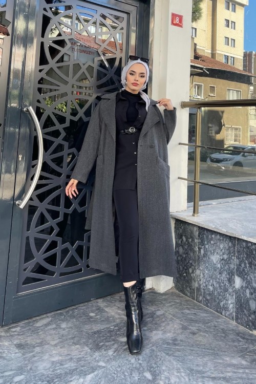 Yandan Düğmeli Kaşe Kaban Füme