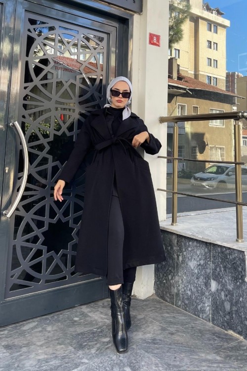 Yandan Düğmeli Kaşe Kaban Siyah